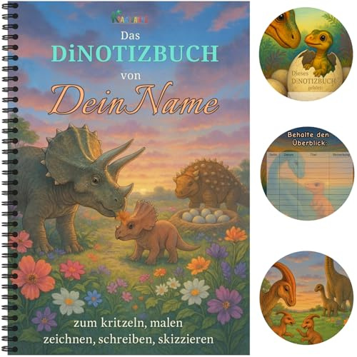 Personalisiert mit Namen: Kinder Skizzenbuch Dinosaurier Malblock Zeichenblock mit Inhaltsverzeichnis Spiralbindung Mein Dinotizbuch - Im Farbenmeer des UrZEICHENreichs