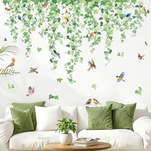 Tanlaby Adesivi Murali Foglie Edera Verde Grande Piante Adesivi da Parete | Uccelli Vite Appesa Verdi Naturali Stickers Muro Camera Letto Soggiorno Ufficio Divano TV Decorazione Parete