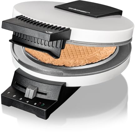 Cloer 281 Gaufrier à cornets pour croissants fins et croustillants, Plaques de cuisson 15 cm, Plaques très lourdes, Message prêt à l'emploi optique et acoustique, 800 W, métal, blanc