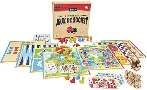JEUJURA - Coffret Jeux de Société Traditionnels - Jeu en Bois 3 Ans - 8128 | Jeux traditionnels - Jeux des petits chevaux, de l'oie, des dames, nain jaune, yams, 421, loto - Jeu Enfant et Famille