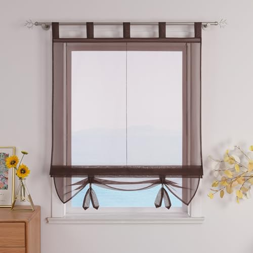 ESLIR Raffrollo mit Schlaufen Gardinen Küche Raffgardinen Transparent Schlaufenrollo Vorhänge Modern Voile Braun BxH 140x155cm 1 Stück