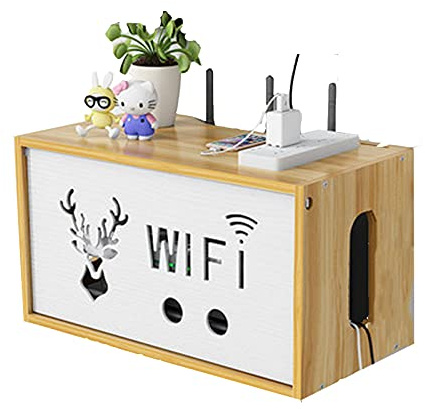 WEDSFC Wand Montage WiFi Router Aufbewahrungsbox Holz, Router Regal, WLAN Box, Kabel Verstecken, Kabelmanagement Schreibtisch, 34 * 19 * 19cm