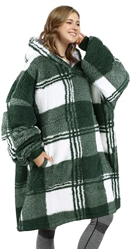 Catalonia Classy warme tragbare Decke, weiche Kapuzen-Kuscheldecke, Tartan Hoodie Decke in Übergröße, gemütliche Kapuzengeschenke für Erwachsene Männer Frauen, Buffalo Plaid Grün
