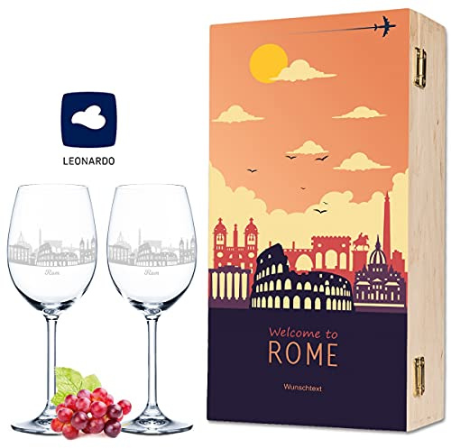 Leonardo - Juego de Copas de Vino Personalizadas con Grabado de la Silueta de Roma (Incluye Caja de Madera Impresa, Recuerdo, Regalo de Cumpleaños para Él)