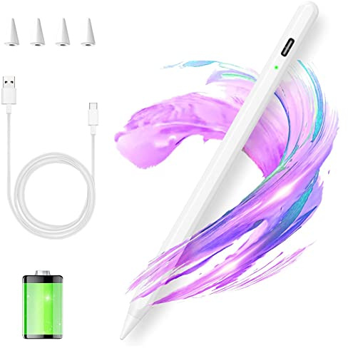 Stylet Crayon pour iPad 2018 à 2023,Compatible avec Apple iPad 10/9/8/7/6th,Mini 6/5th,Air 4/3th,Pro 11''/12.9'',11-inch A16/Air 11 M3/Air 13 M3,Stylet capacitif avec 4 Embouts de,Blanc