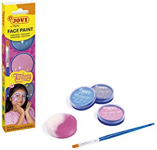 Jovi - Maquillaje Infantil FANTASY, Estuche de 3 botes de 8ml, Maquillaje en crema, Colores rosa, azul claro y plateado, Incluye esponja de maquillaje y pincel plano (174FA)
