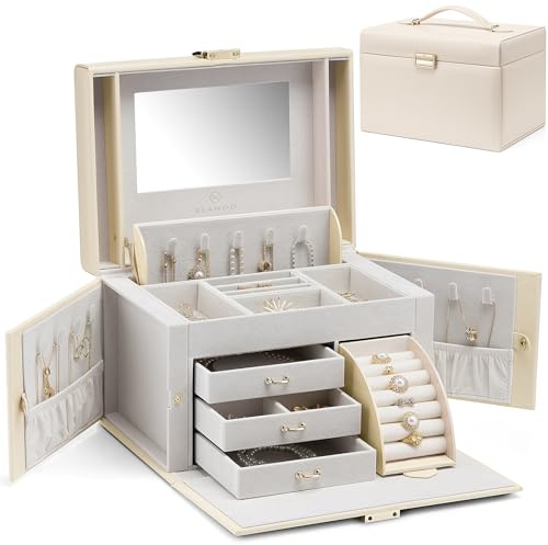 Vlando Schmuckkästchen Organizer für Mädchen und Frauen, große Barock-Schmuck-Aufbewahrungsbox mit Spiegel, Muttertagsgeschenke für einen geliebten Menschen, Aprikose Weiß ..