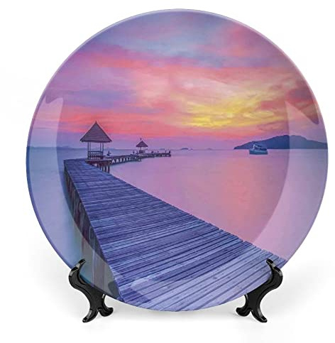 LIGUTARS Ceramic Plates, Beach Decorative Ceramic Plates, Dreamy Seascape Curve Jetty Romantic Resort, 8 Inch, for Dining, Parties, Wedding, Lavender Coral Yellow