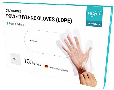 EUROPAPA 100 Stück Vorteilspack LDPE Einweghandschuhe in Box Einmalhandschuhe latexfrei puderfrei Handschuhe in Herren Größe (Herren-100)