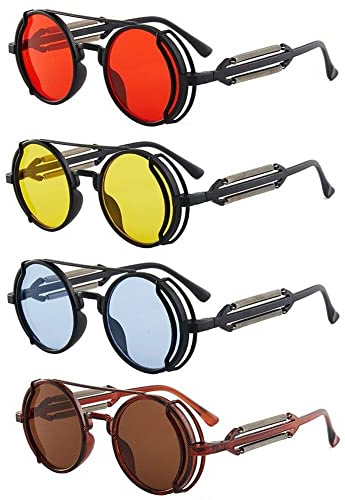 Fopytu 4 Pcs Retro Round Gothic Circle Steampunk Sunglasses Vintage Uv400 Protection Sun Glasses Eyewear for Men Women