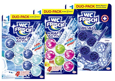 WC FRISCH Kraft Aktiv Duftspüler Frische Brise (2*50 g), Duftsteine für langanhaltend frischen Duft & WC FRISCH Kraft Aktiv Duftspüler Hawaii (2*50 g) & WC FRISCH Kraft Aktiv Blauspüler Chlor (2*50 g)