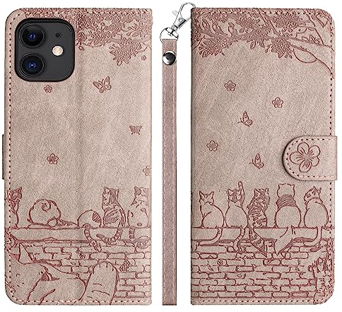 Aisenth Handyhülle für iPhone 12 Mini/13 Mini Klapphülle mit Kartenfächer | Katze mit Schmetterling Design,Standfunktion,Kartenfächer,PU Leder,3 Kartenfächer+Geldfach,Magnetische,Gräulich Violett
