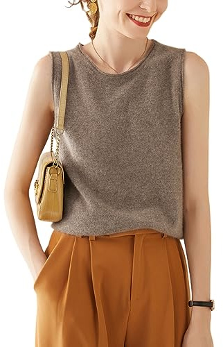 DISSA Women's Crew Neck Sleeveless Knit Cashmere Wool Vest,Brown,12