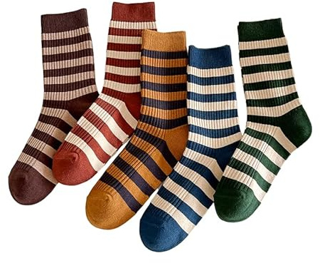 5/10 Pairs Retro Style Colorful Striped Socks, Cute Athletic Crew socks for Women (5 Pairs-Set A)