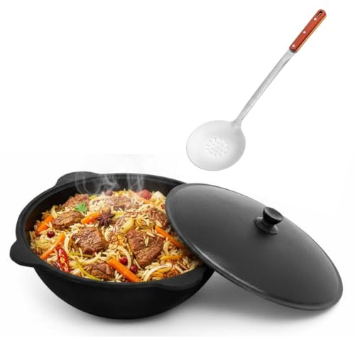 4BIG.fun Kazan en fonte 12 l avec louche à mousse Naman Kazan Ouzbek avec couvercle Cast Iron Chaudron Uzbek Camping Uzbek Asia Wok avec couvercle en aluminium
