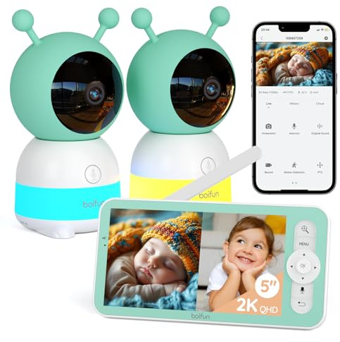 BOIFUN 2 Camara Vigilancia Bebe 2k, Monitor Bebé 5 Split Screen, Visión Nocturna Invisible, Luz Nocturna Ajustable, Alertas de Llanto/Movimiento/Temperatura, 360° PTZ, Zoom 4X, Uso con y sin WiFi