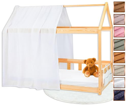 Lovely Hippo Hausbett Himmel - 100% Baumwolle - Betthimmel Hausbett aus Musselin - Bett Vorhang Kinderbett - Himmelbett Vorhänge 90x200cm (Weiß/Gold Tasche, 120 x 370 cm (1er Set))