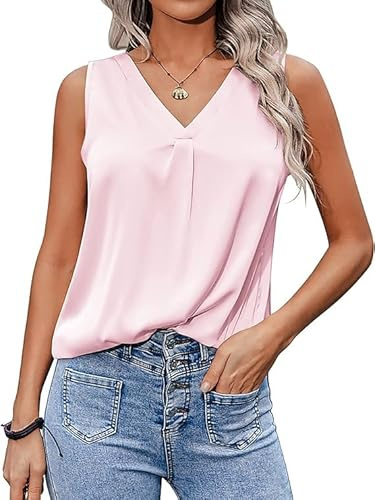 Zeagoo Damen Satin Seide Tank Top Ärmellose Blusentop Basic Cami Sommer Lässige Weste Shirt Elegant V-Ausschnitt Oberteile Blusen Shirt Rosa XL