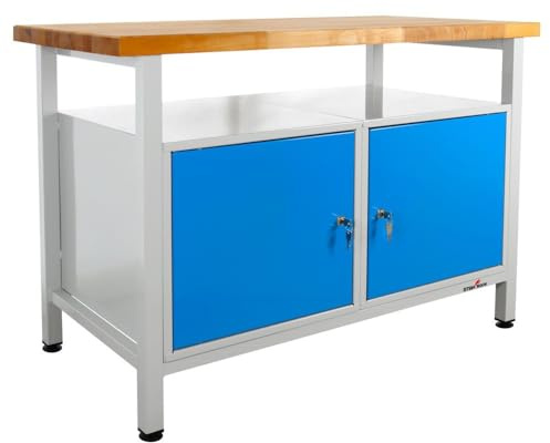 Steinbock Werkbank mit 2 Türen, 2 Regalböden und 1 Ablageboden | 300 kg Tragkraft | HxBxT 84 x 120 x 60 cm | Lichtblau | 4 cm Starke geölte Holzplatte | stabiles Stahlgestell | Made in EU | Werktisch
