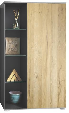 Vladon Vitrine Davos, Made in Germany, Standvitrine mit 3 Glasböden und 8 Fächer, Anthrazit matt/Eiche Natur (71,5 x 134 x 35 cm)