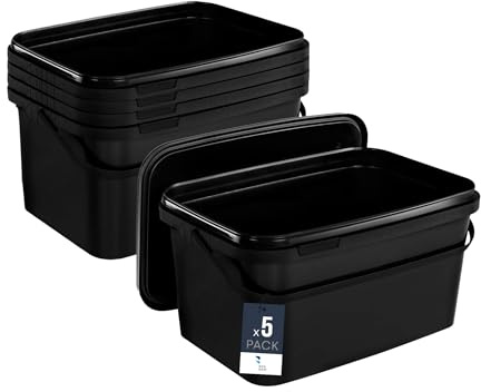 BenBow Rechteckiger Eimer mit Deckel 5X 5l schwarz - lebensmittelecht, stapelbare Kunststoffbox mit Henkel - luftdicht, auslaufsicher, geruchsneutral, ideal für Haushalt und Gewerbe - leer