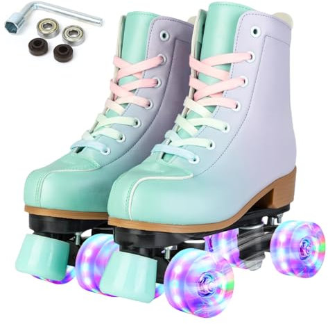XUDREZ Rollschuhe für Mädchen und Damen, Derby-Skates für Erwachsene, beleuchtet, zweireihig, verstellbar, PU-Skates, Schuhe für Kinder, Anfänger, Outdoor (grün-violettes blinkendes Rad 37)