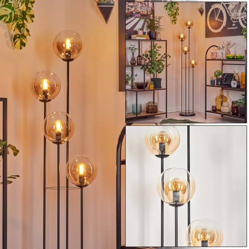 HOFSTEIN Stehleuchte Gastor, Stehlampe aus Metall/Glas in Schwarz/Bernstein/Klar, Leuchte im Retro/Vintage-Design mit Glasschirmen (Ø 15cm) u. Fußschalter, 148,5cm, E14, Wohnzimmer, Schlafzimmer, Büro