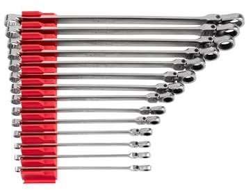 TEKTON Long Fixed/Flex Head 12-Point Ratcheting Box End Wrench Set with Modular Organizers, 14-Piece (6-19 mm) | WRB95303