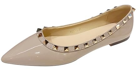 JHFDIOY Women Patent Leather Studded Rivet Closed Shallow Mouth Comfortable Dress Walking Flat Shoes Fashion Pointed Toe Slip On Flats for Daily Party Office (Khaki,9.5)