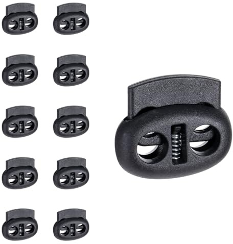Ajcotahm 10Pcs Toggles for Drawstrings, Plastic Spring Cord Locks Black Dual-Holes Shoe Lace Tie Locks Drawstring Stopper Fastener for Shoelaces Drawstrings Sweatpants Hats Clothing Bags (Flat)