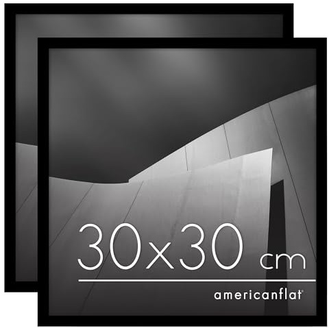Americanflat Bilderrahmen 30x30 cm - schmaler Bilderrahmen (2er Pack) quadratisch 30x30 cm mit Plexi-Scheibe - integrierte Aufhängung für Wandmontage - Schwarz