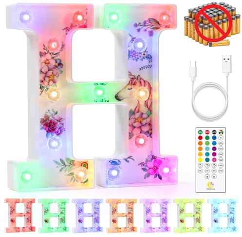 mooncow Rechargeable Unicorn Light Up Letters，Durable Marquee Letters,Colorful Initial Night Light with Remote,Wall Decor,Bedroom Decor,Party Decoration,Gift Wrap Gifts (H)