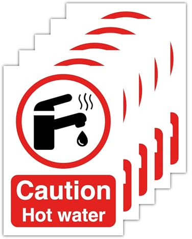 Pack of 5 Caution Hot Water Sign Stickers – A5 (148mm x 210mm) Self-Adhesive Polypropylene Glossy-Laminated Labels – Waterproof Safety Warning Signs for Bathroom, Kitchen, Sink, Shower, Tap Areas