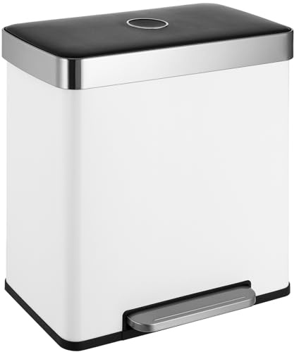 Clevich 60L Double Kitchen Bin, Stainless Steel Dual Compartment Trash Can | 2x30L Kitchen Recycling Bins w/Wide Pedal, Removable Inner Buckets w/Soft-Close Lid, Airtight Design for Home Office (White)