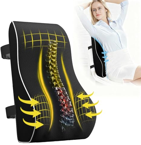 Yahbrra Lumbar Back Support Cushion: Memory Foam Back Support Orthopedic Backrest with 2 Adjustable Straps Breathable Mesh for Office Chairs Cars Home Seat (black, 45x40x13cm)