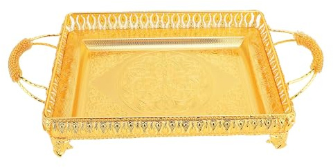 PxQuerantic Bandeja de servicio de metal para aperitivos y frutas, bandeja decorativa rectangular, bandeja de fiesta dorada de estilo europeo con textura rústica para el comedor, mesa de centr