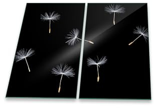 decorwelt | Herdabdeckplatten 2x30x52 cm Ceranfeldabdeckung 2-Teilig Universal Elektroherd Induktion für Kochplatten Herdschutz Deko Schneidebrett Sicherheitsglas Spritzschutz Glas Pusteblume