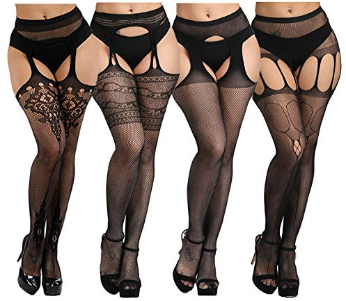 DRESHOW 4 Paires Femme Sexy Élastique Collants Taille Haute Filets de Pêche Bas Résille Cuisse Haut Bas Collants