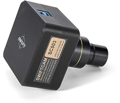 Swiftcam - Cámara de 5 megapíxeles para microscopios, con Lente de reducción, Kit de calibración, adaptadores de Eyetube y Cable USB 3.0, Compatible con Windows/Mac/Linux