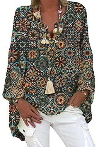 Onsoyours Chemisier Femme Col V Blouse Élégant Haut Manches Longues Impression Géométrique Tunique Ample Fluide Chic Casual Vintage T-Shirt B Kaki XL