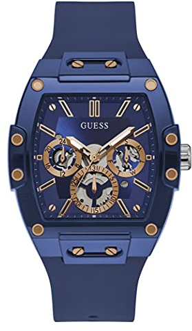 GUESS US - Orologio multifunzione da uomo, in silicone color oro rosa e blu, uno, Blu/oro rosa, misura unica, Orologio al quarzo