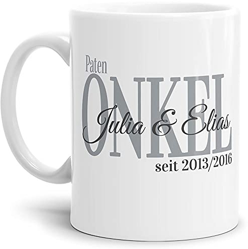 Tasse - Patenonkel seit - zum selbst Gestalten mit Kindernamen und Geburtsjahren - Geschenk für den besten Patenonkel - Keramiktasse, Weiß Glanz, 300 ml