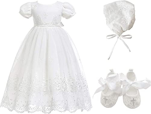 Glamulice Baby Girls Newborn Satin Christening Baptism Floral Embroidered Lace Dresses Infant Girl Baptism Outfits Off White Easter Dress Hat Handmade Shoes 6M/ 6-12