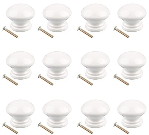 Jiayaus Lot de 12 Bouton de Meuble, Poignée Meuble Bois avec Vis, Poignee de Meuble Ronds Blanc, Boutons de Portes pour Placards, Commodes, Armoires