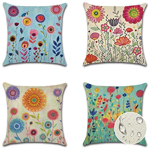 JOTOM Outdoor Waterproof Throw Pillow Covers 45x45 cm Watercolor Floral Decorative Cushion Covers Garden Patio Furniture Pillowcases for Couch Indoor Sofa Bench Farmhouse Home Decor Pack of 4 (Flower)