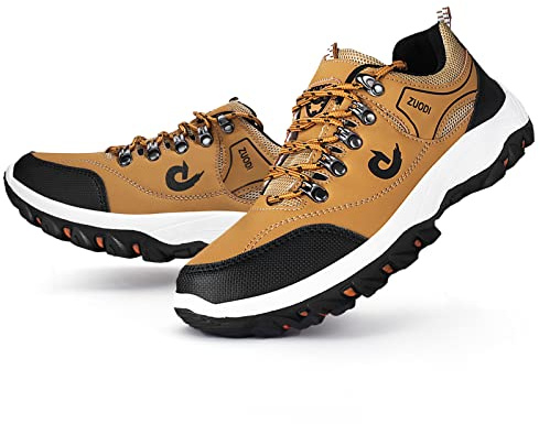 TOPSSCTR Chaussures de Randonnée pour Hommes Low Top Antidérapantes en Cuir PU pour Extérieur Trekking Trails Hiker Camping Chaussures de Travail Baskets Légères, Marron Taille 47 EU