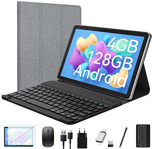 2025 Neueste Tablet 10 Zoll,2-in-1 Tablet Mit Tastatur,5G Wifi Android Tablet Pc-128GB ROM(1TB TF),Bluetooth 5.0,Octa-core1.8Ghz,1080 FHD,13MP+8MP Kamera,7000mAh,GMS-Zertifizierung,Typ-C/GPS/OTG-Grau