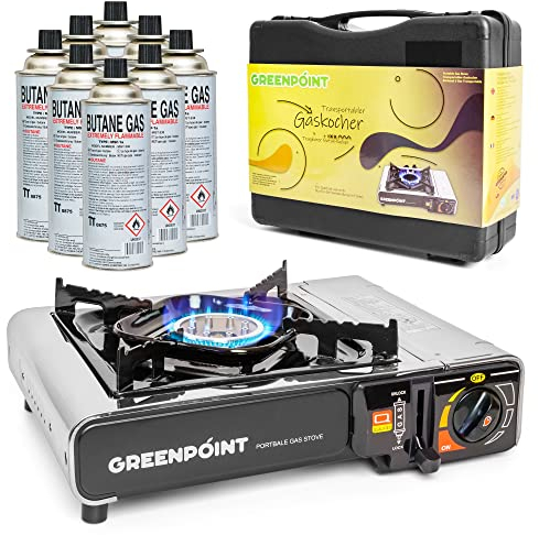 Greenpoint Gaskocher (Edelstahl) + 8 Gaskartuschen - Campingkocher Ink.Tragekoffer mit 8 Gaskartusche, Gaskocher mit Kartusche, Campingkocher mit Gaskartusche Camping Gas Stove