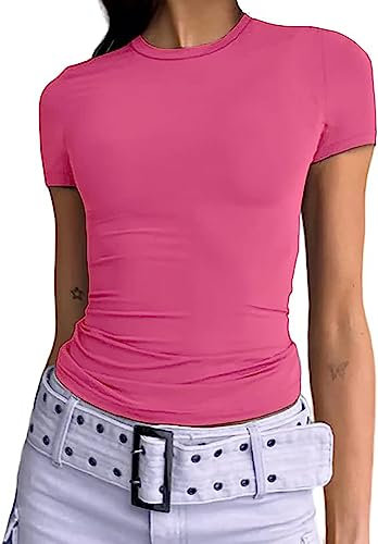 Damen Basic T-Shirts Kurzarm Crop Top Casual Y2K Rundhalsausschnitt Tops Slim Fit Tshirts(Pink-1, S)