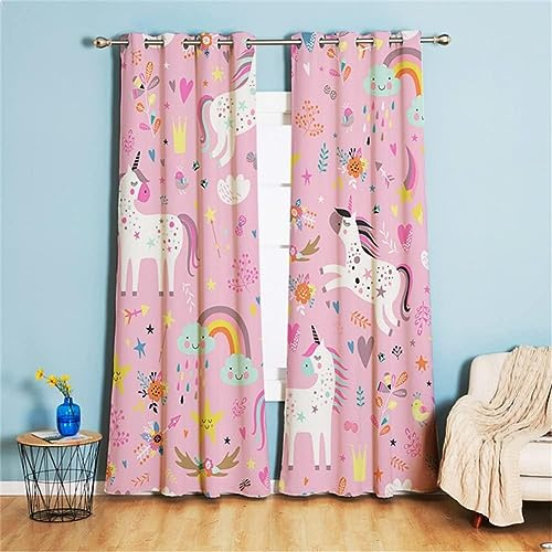 Koudi Kinder Rosa Vorhänge Einhorn Sterne Gardinen mit Ösen für Mädchenzimmer, Kinderzimmer, Babyzimmer 160 × 70cm (H × B)